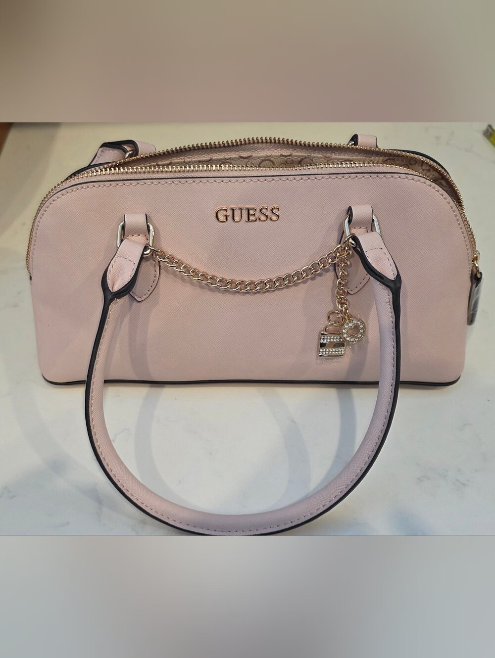 GUESS Blush Pink Saffiano Satchel - Elegant Chain Accent